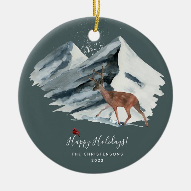 Elegent Christmas Winter Mountain Scene Photo Ceramic Ornament (Front)