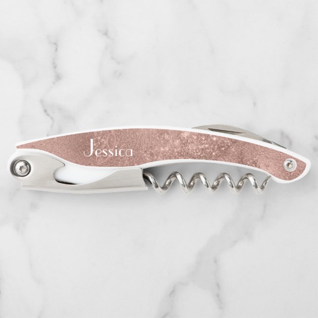 Elegent Pink Glitter Monogram Bridesmaid Waiter's Corkscrew (Front)