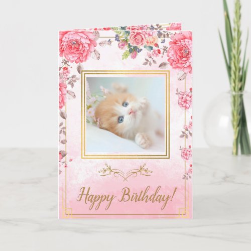 Elegent Pink Rose Cute Golden Kitten Birthday Card