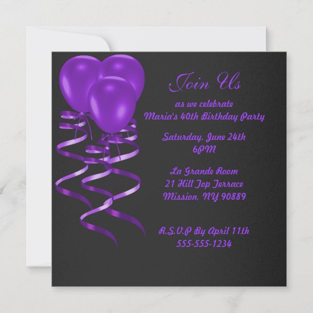 Elegent purple ballon birthday party invitations (Front)