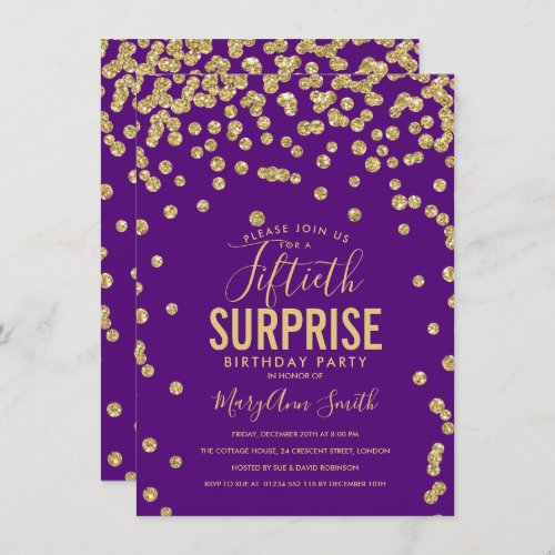 Elegnant 50th Surprise Birthday Gold Purple Invitation