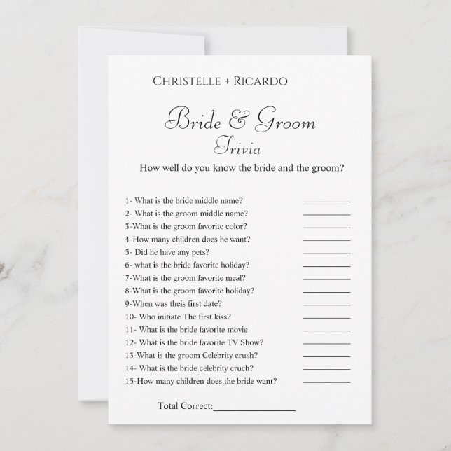 Elegnat bride & groom trivia bridal shower game announcement (Front)