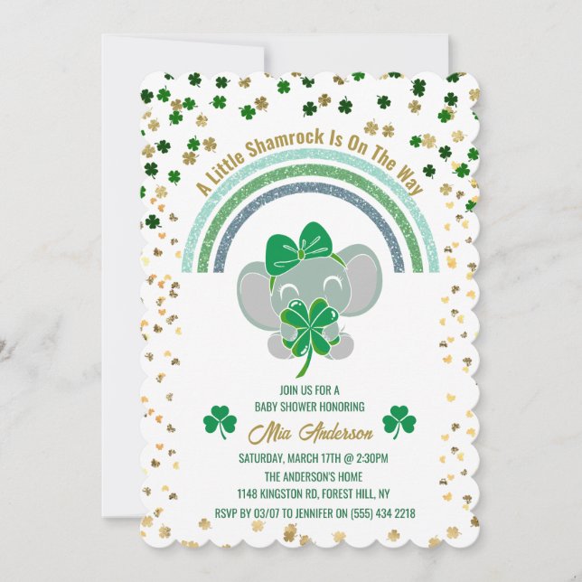 Elelphant Little Shamrock St Patricks Baby Shower Invitation (Front)