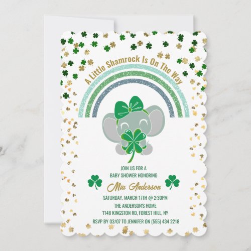 Elelphant Little Shamrock St Patricks Baby Shower Invitation