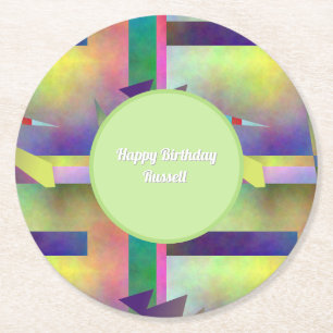 Elemental Abstract Pattern Happy Birthday Round Paper Coaster