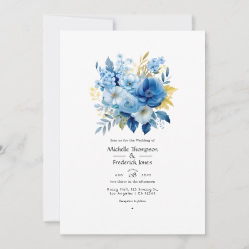 Elemental Blue and Gold Floral Wedding Invitation
