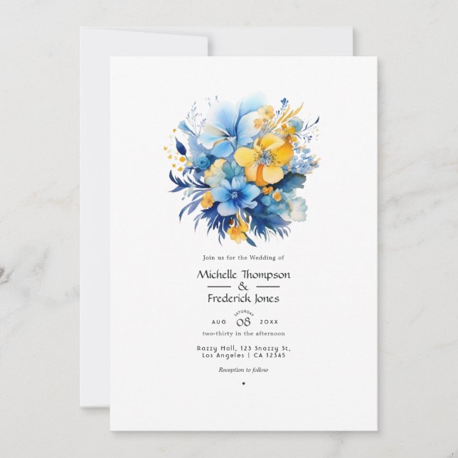 Elemental Blue and Gold Floral Wedding Invitation (Front)