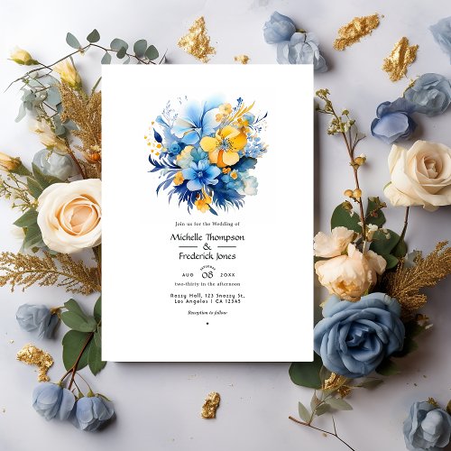 Elemental Blue and Gold Floral Wedding Invitation