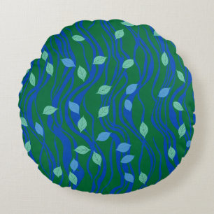 Elemental Flow Emerald Green Cobalt Blue w Leaves Round Pillow