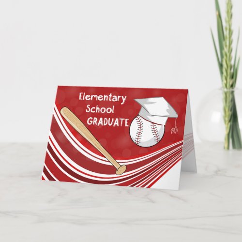 Elementary Graduation Baseball Bat and Hat on Red Card