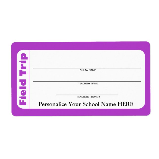 Elementary / Pre-School Child Field Trip Labels (Front)