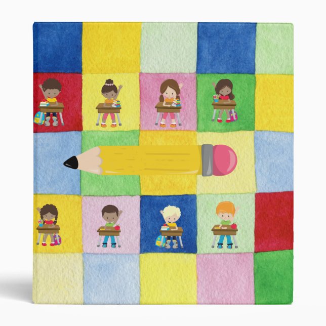 Elementary School Classroom Children Squares 3 Rin Ring Binder (Front)