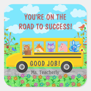 Elementary School Cute Bus Road to Success Class Square Sticker