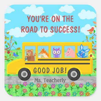 Elementary School Cute Bus Road To Success Class Square Sticker by HaHaHolidays at Zazzle