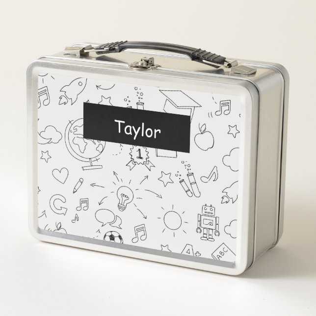 Elementary School Personalized White & Black  Metal Lunch Box (Front)