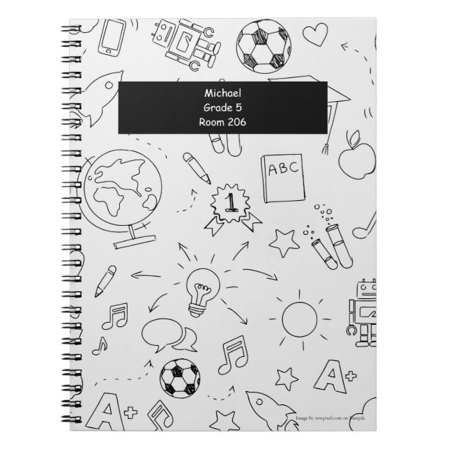 Elementary School Personalized White & Black Notebook (Front)