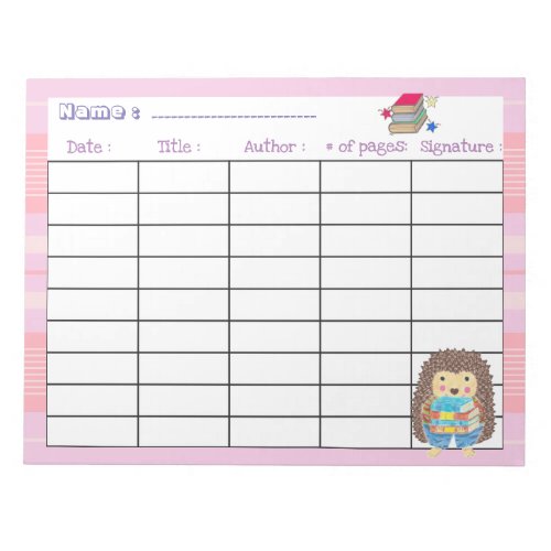 Elementary school pink reading log with hedgehog notepad