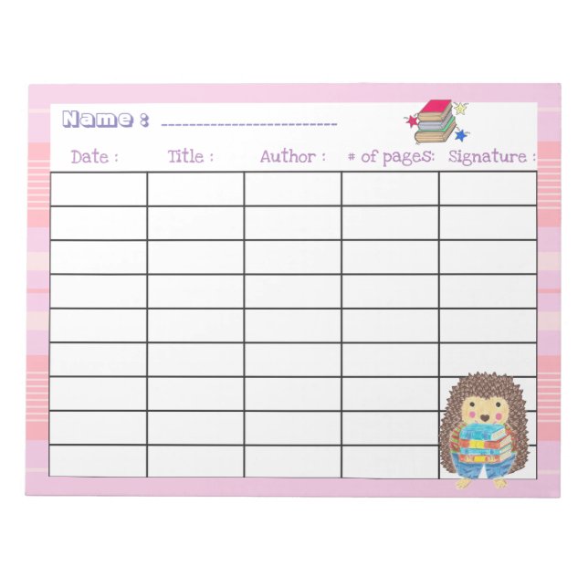 Elementary school pink reading log with hedgehog notepad (Front)