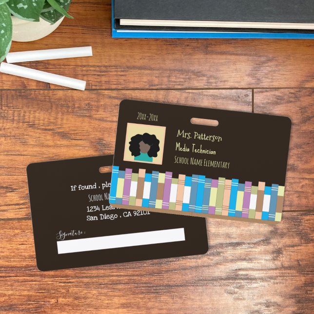 Elementary School Staff Photo ID Employee Badge (School staff photo ID black horizontal employee badge with vector book shelf . )