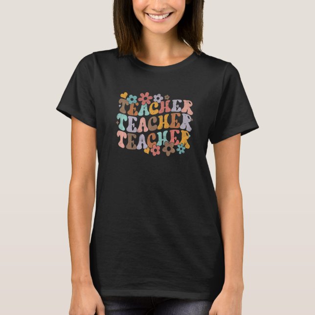Elementary School Teacher Bright Flower Groovy Vin T-Shirt (Front)