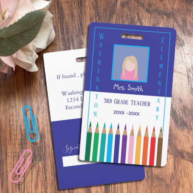 Elementary School Teacher color pencils Photo ID  Badge (Elementary school teacher blue and white vertical photo ID badge . )