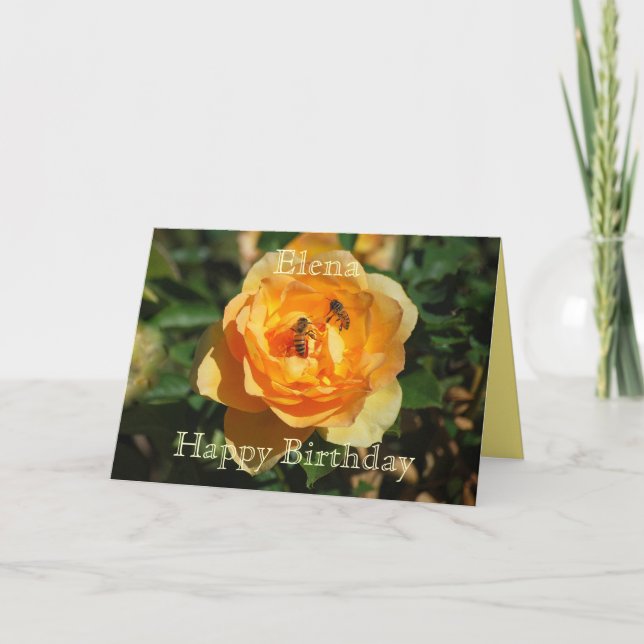 Elena Happy Birthday Yellow Rose With Honeybees Card (Front)