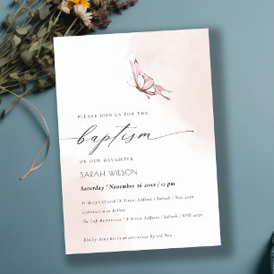 Elenant Blush Watercolor Butterfly Baptism Invitation