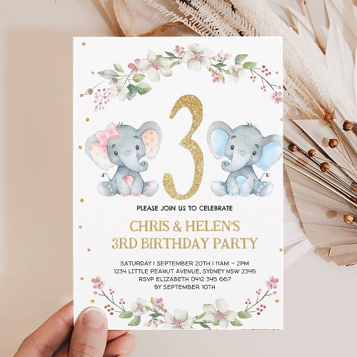 Elephan Twins 3rd Birthday Wild One Invitation