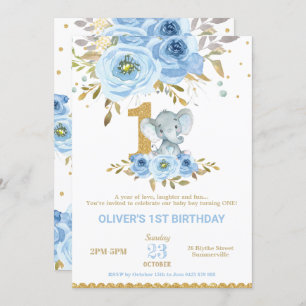 Elephant 1st Birthday Blue Floral Boy Invitation