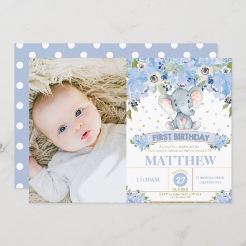 Elephant 1st Birthday Blue Floral Boy Photo Invitation