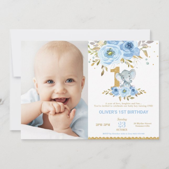 Elephant 1st Birthday Blue Floral Boy Photo Invitation (Front)