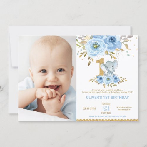 Elephant 1st Birthday Blue Floral Boy Photo Invitation