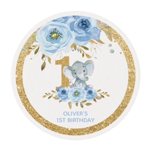Elephant 1st Birthday Blue Floral Cupcake Edible Frosting Rounds