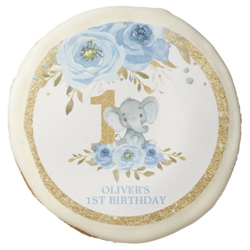 Elephant 1st Birthday Blue Floral Favor Sugar Cookie