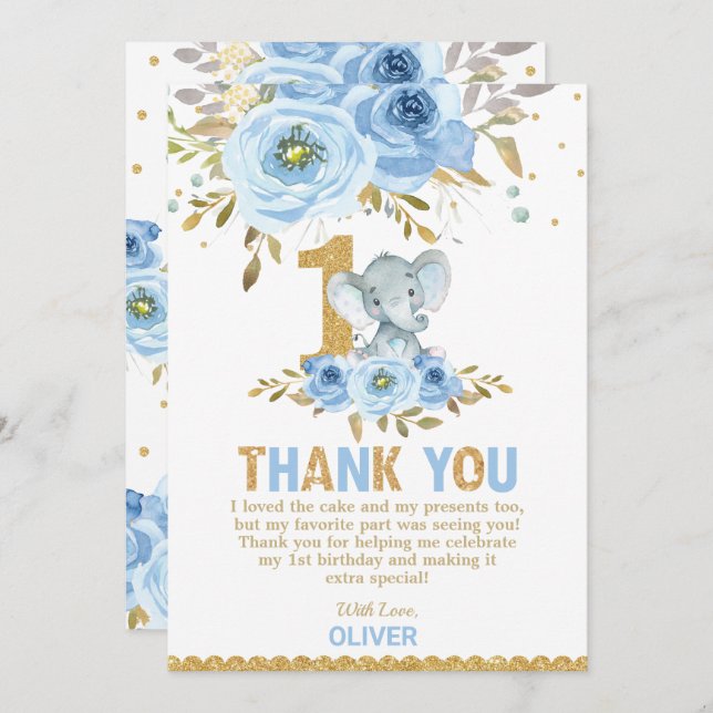 Elephant 1st Birthday Blue Floral Thank You Card (Front/Back)