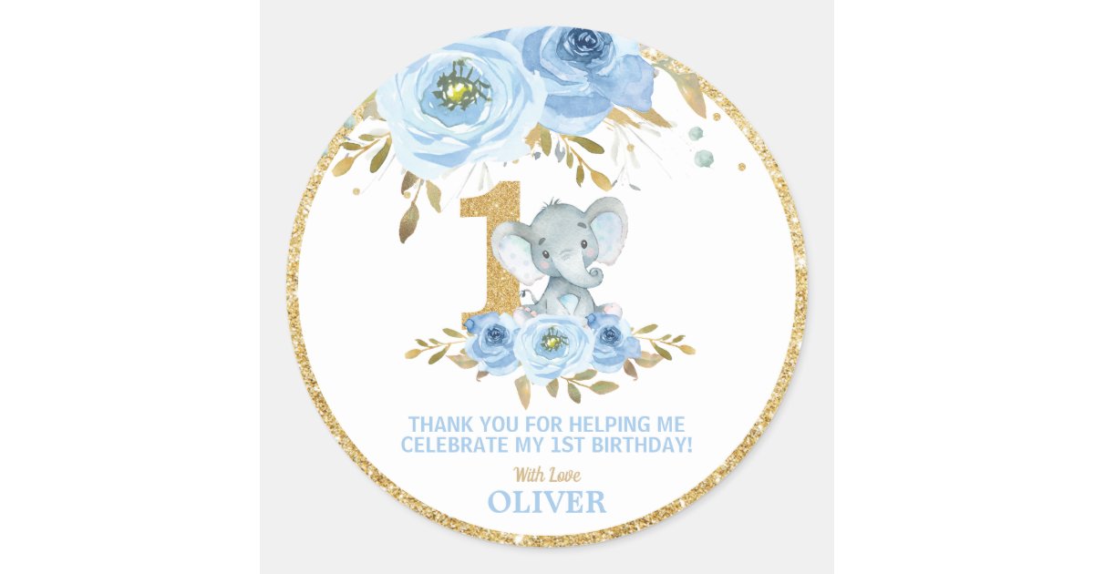 Elephant 1st Birthday Blue Floral Thank You Favors Classic Round ...