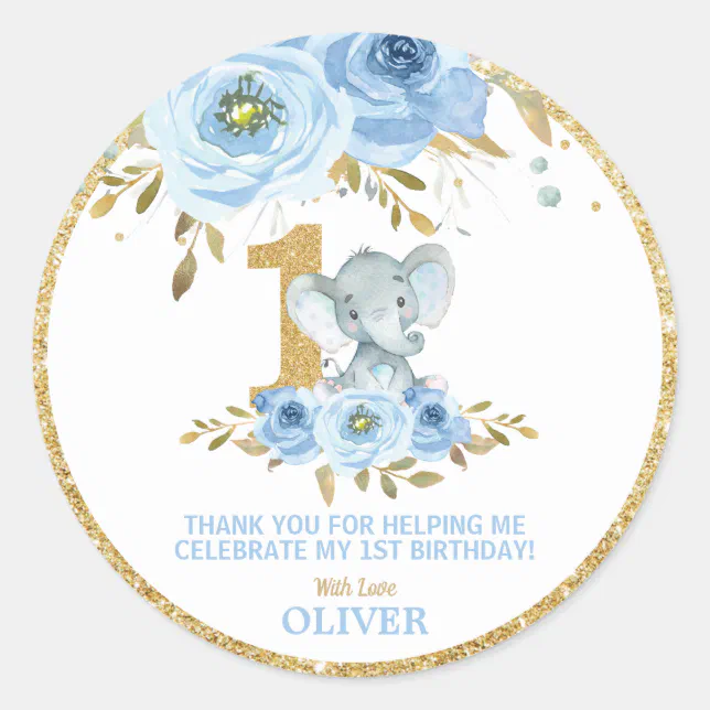 Elephant 1st Birthday Blue Floral Thank You Favors Classic Round ...