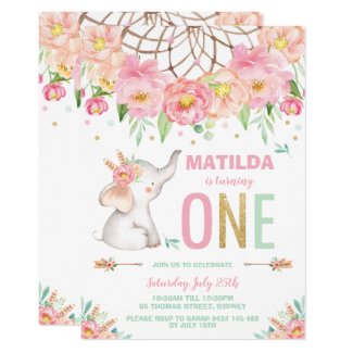 Elephant 1st Birthday Boho Pink Floral Girl Invitation