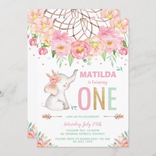 Elephant 1st Birthday Boho Pink Floral Girl Invitation