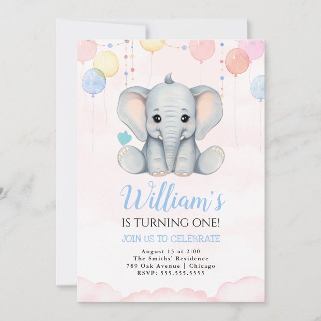 Elephant 1st Birthday Boy Invitation (Front)