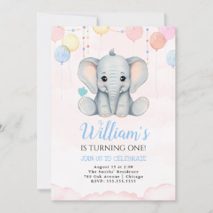 Elephant 1st Birthday Boy Invitation