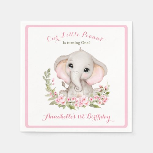 Elephant 1st Birthday Girl Custom Age Napkins