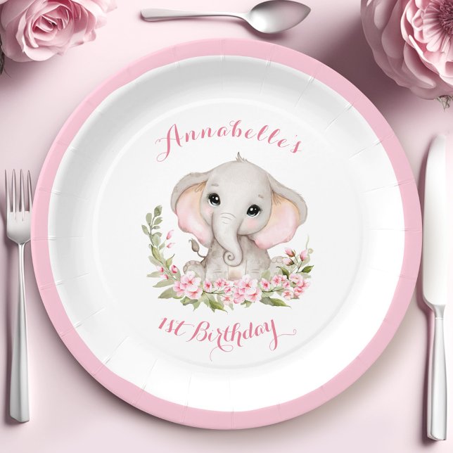 Elephant 1st Birthday Girl Custom Age Pink Spring Paper Plates (Elephant 1st Birthday Girl Custom Age Pink Spring Paper Plates)