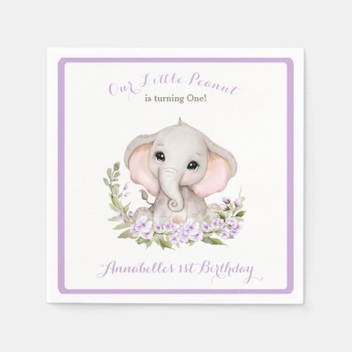 Elephant 1st Birthday Girl Custom Age Purple Napkins