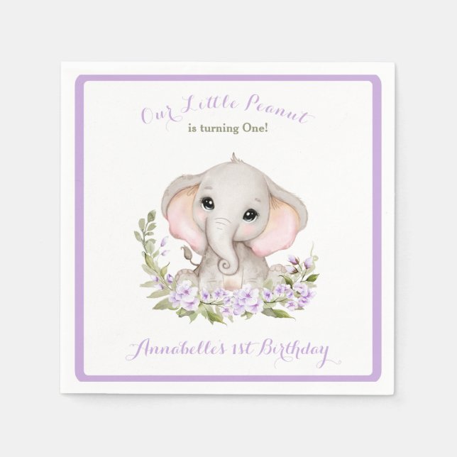 Elephant 1st Birthday Girl Custom Age Purple Napkins (Front)
