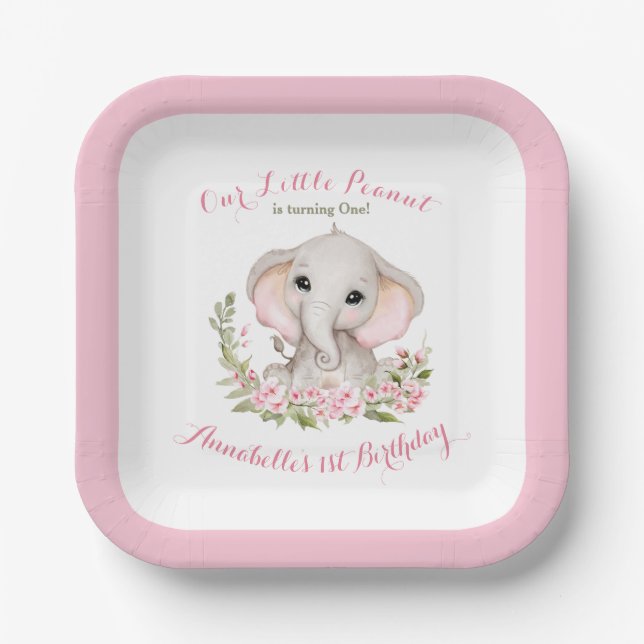 Elephant 1st Birthday Girl Custom Age Square Paper Plates (Front)
