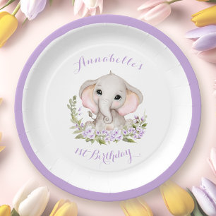 Elephant 1st Birthday Girl Floral Purple Spring Paper Plates