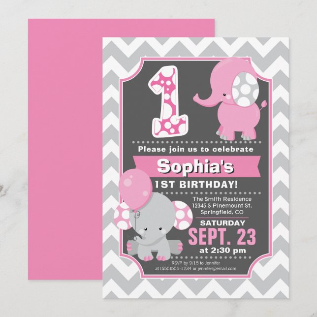 Elephant 1st Birthday Girl Invitation (Front/Back)
