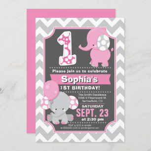 Elephant 1st Birthday Girl Invitation