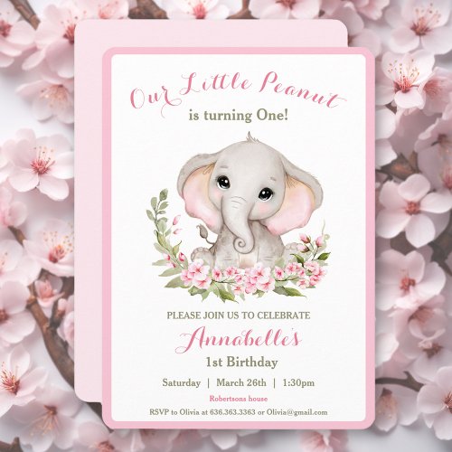 Elephant 1st Birthday Girl Invitation Custom Age